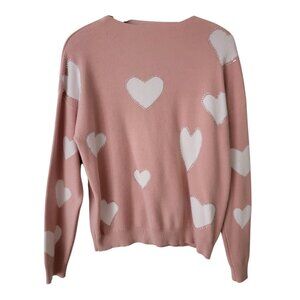 On Twelfth Heart Sweater Pink White Rhinestone Trim Hearts Sz XL Super Soft